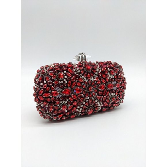 INC Ranndi beaded embellished crystal clutch minaudiere - RED/SILVER - Picture 4 of 14